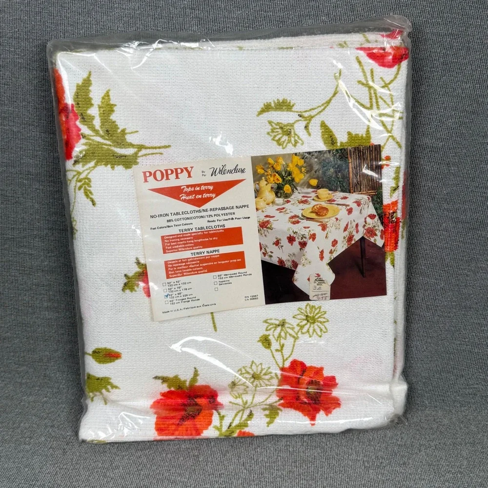 NOS VTG Poppy Wilendure Terry Tablecloth 52x90 No Iron Floral‎ 50s Retro MCM Art